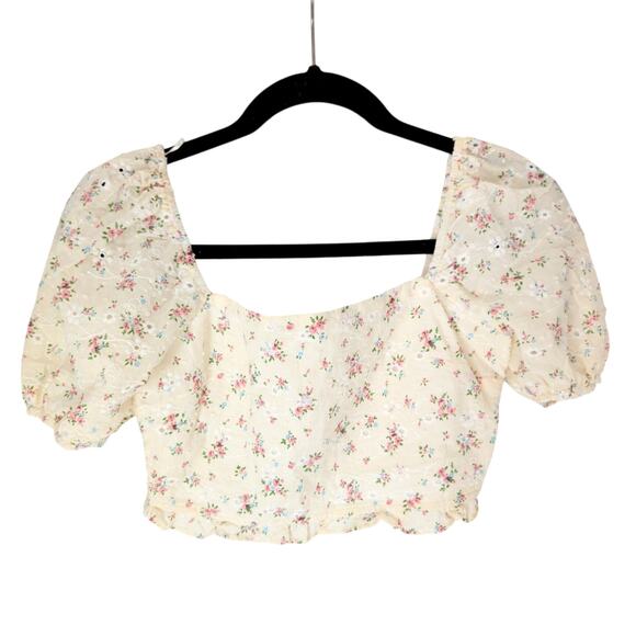 Altar’d State XS Yellow Floral Puff Sleeve Smocked Ruffle Hem Crop Top Cotton - Picture 1 of 7
